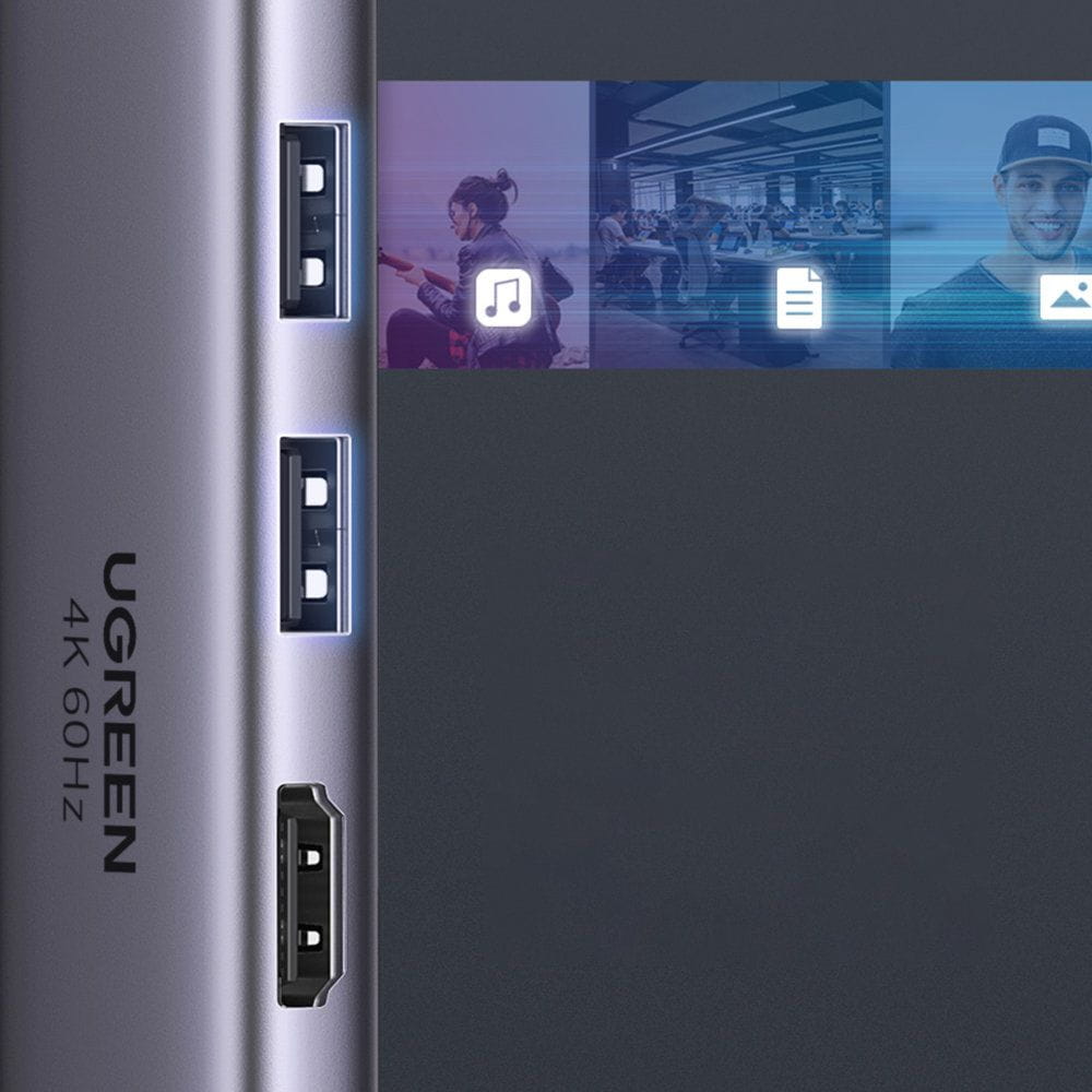 Hub USB-C UGREEN CM511 (60384), 2 x USB-A 3.0 - 1 x USB-C - 1 x HDMI - 1 x SD - 1 x microSD, Szary