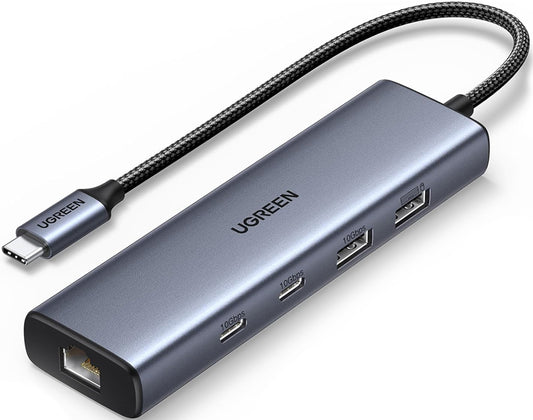 Hub USB-C UGREEN CM512, 1 x USB-A 3.2 - 1 x USB-A - 3 x USB-C - 1 x RJ45, Szary