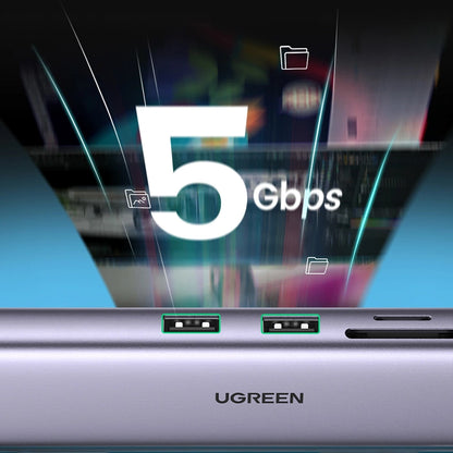 Hub USB-C UGREEN CM512, 2 x USB-A 3.0 - 1 x USB-C - 1 x HDMI - 1 x SD - 1 x microSD - RJ45, Szary