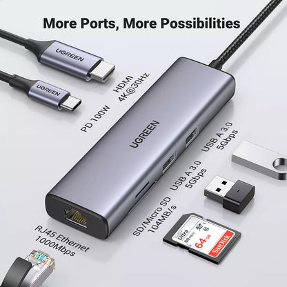 Hub USB-C UGREEN CM512, 2 x USB-A 3.0 - 1 x USB-C - 1 x HDMI - 1 x SD - 1 x microSD - RJ45, Szary