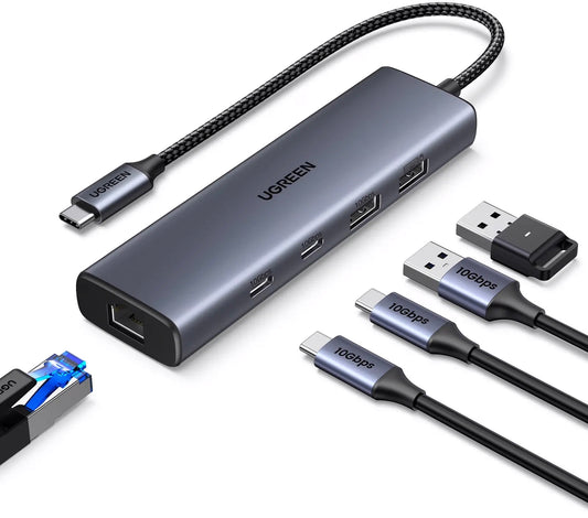 Hub USB-C UGREEN CM512, 1 x USB-A 3.2 - 1 x USB-A - 3 x USB-C - 1 x RJ45, Szary