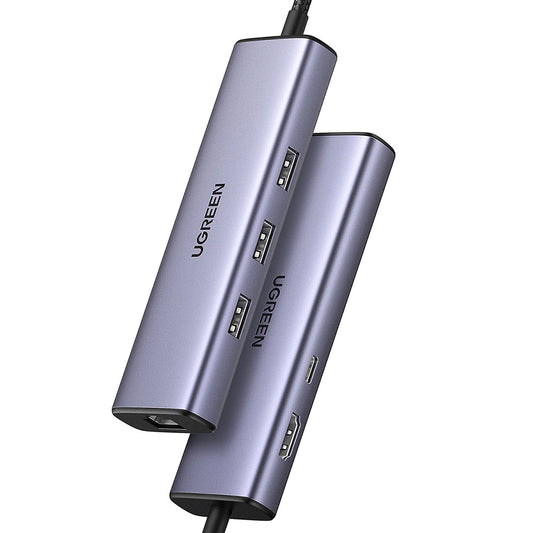 Hub USB-C UGREEN CM512 (15598), 3 x USB-A 3.0 - 1 x USB-C - 1 x HDMI - 1 x RJ45, Szary