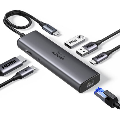 Hub USB-C UGREEN CM512 (45000), 2 x USB-A 3.2 - 2 x USB-C - 1 x HDMI - 1 x RJ45, Szary