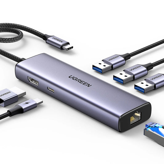 Hub USB-C UGREEN CM512 (15598), 3 x USB-A 3.0 - 1 x USB-C - 1 x HDMI - 1 x RJ45, Szary