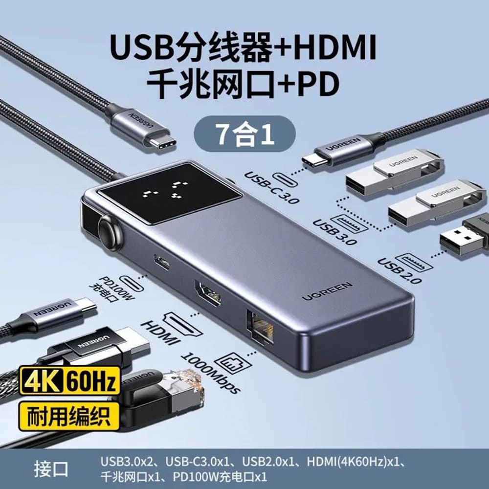 Hub USB-C UGREEN CM888 (45155) Uno, 6w1, Szary