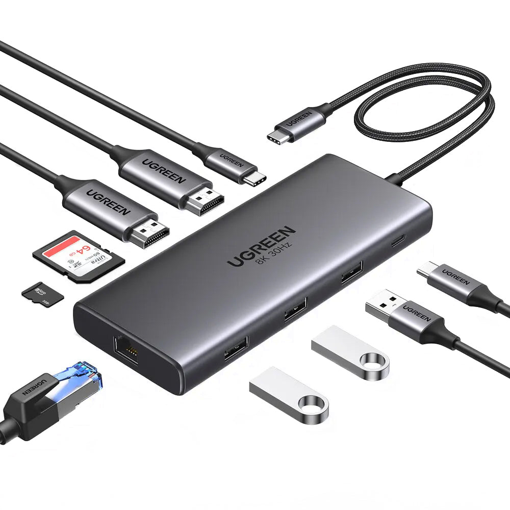 UGREEN Revodok Pro 210 CM639 USB-C Hub, 1 x USB-A 3.0 - 2 x USB-A - 2 x USB-C - 2 x HDMI - 1 x RJ45 - 1 x SD - 1 x microSD, Gray