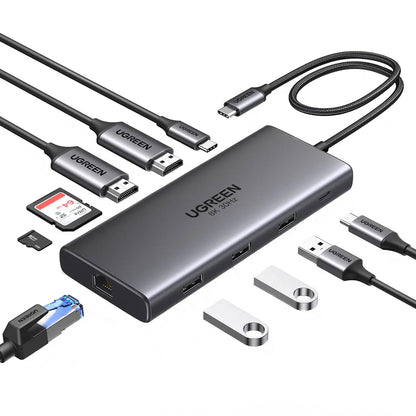 UGREEN Revodok Pro 210 CM639 USB-C Hub, 1 x USB-A 3.0 - 2 x USB-A - 2 x USB-C - 2 x HDMI - 1 x RJ45 - 1 x SD - 1 x microSD, Gray