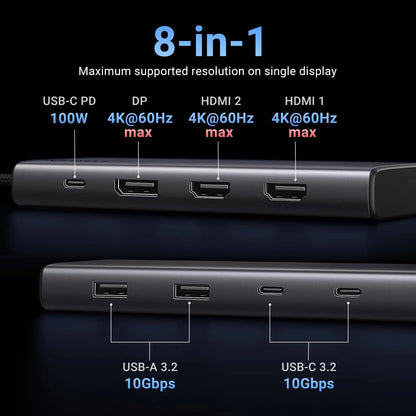 UGREEN Revodok 308 CM639 USB-C Hub, 2 x USB-A 3.2 - 3 x USB-C - 1 x Display Port - 2 x HDMI, Gray