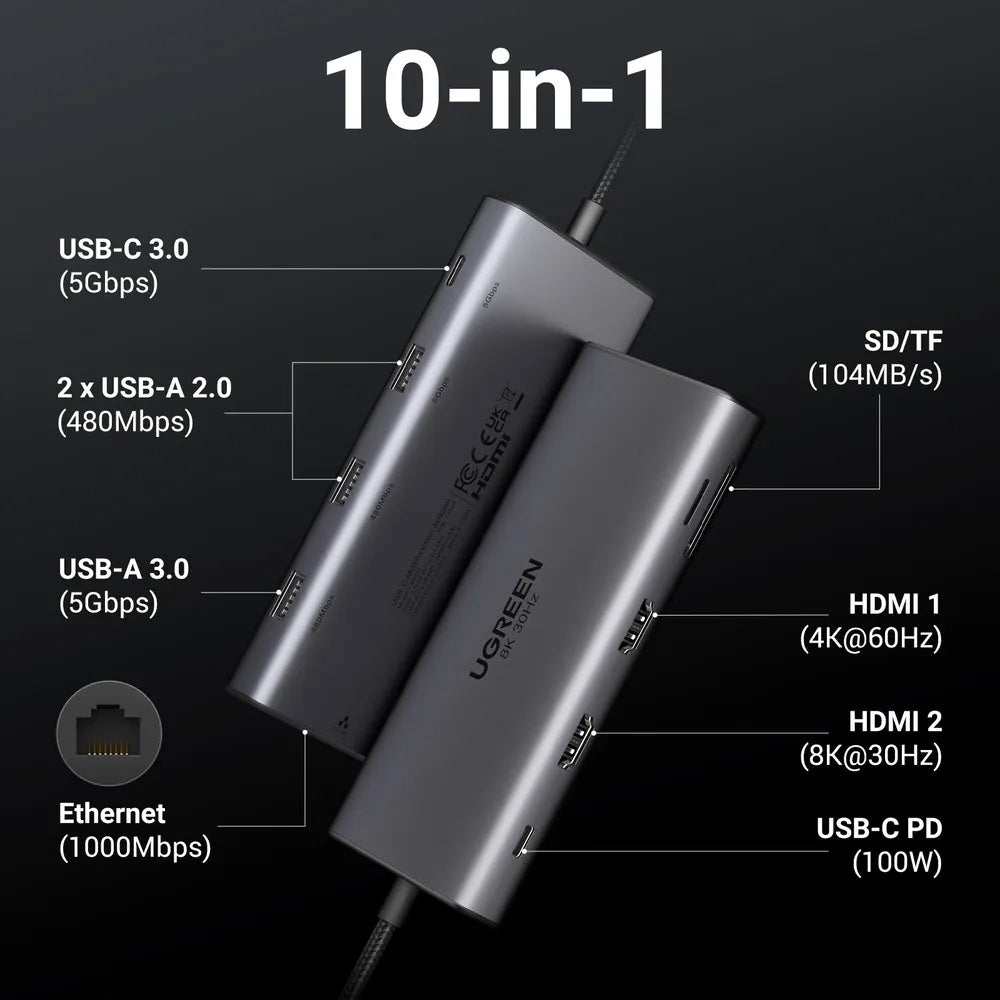 UGREEN Revodok Pro 210 CM639 USB-C Hub, 1 x USB-A 3.0 - 2 x USB-A - 2 x USB-C - 2 x HDMI - 1 x RJ45 - 1 x SD - 1 x microSD, Gray
