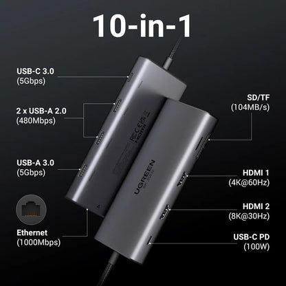 UGREEN Revodok Pro 210 CM639 USB-C Hub, 1 x USB-A 3.0 - 2 x USB-A - 2 x USB-C - 2 x HDMI - 1 x RJ45 - 1 x SD - 1 x microSD, Gray