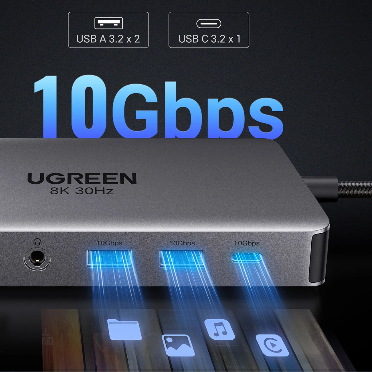 Hub USB-C UGREEN Revodok Pro 313 CM681, 2 x USB-A 3.2 - 1 x USB-A 3.0 - 2 x USB-C - 2 x HDMI - 1 x Jack 3.5mm - 1 x RJ45 - 1 x SD - 1 x microSD, Szary