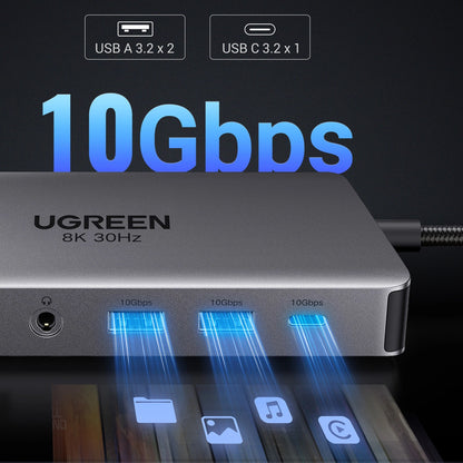 Hub USB-C UGREEN Revodok Pro 313 CM681, 2 x USB-A 3.2 - 1 x USB-A 3.0 - 2 x USB-C - 2 x HDMI - 1 x Jack 3.5mm - 1 x RJ45 - 1 x SD - 1 x microSD, Szary