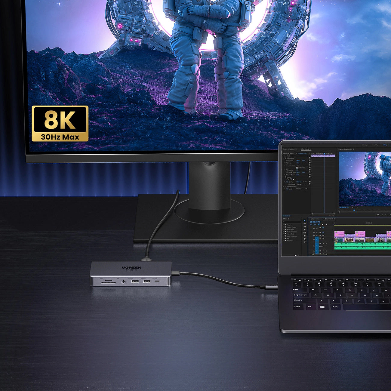 Hub USB-C UGREEN Revodok Pro 313 CM681, 2 x USB-A 3.2 - 1 x USB-A 3.0 - 2 x USB-C - 2 x HDMI - 1 x Jack 3.5mm - 1 x RJ45 - 1 x SD - 1 x microSD, Szary