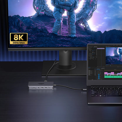 Hub USB-C UGREEN Revodok Pro 313 CM681, 2 x USB-A 3.2 - 1 x USB-A 3.0 - 2 x USB-C - 2 x HDMI - 1 x Jack 3.5mm - 1 x RJ45 - 1 x SD - 1 x microSD, Szary