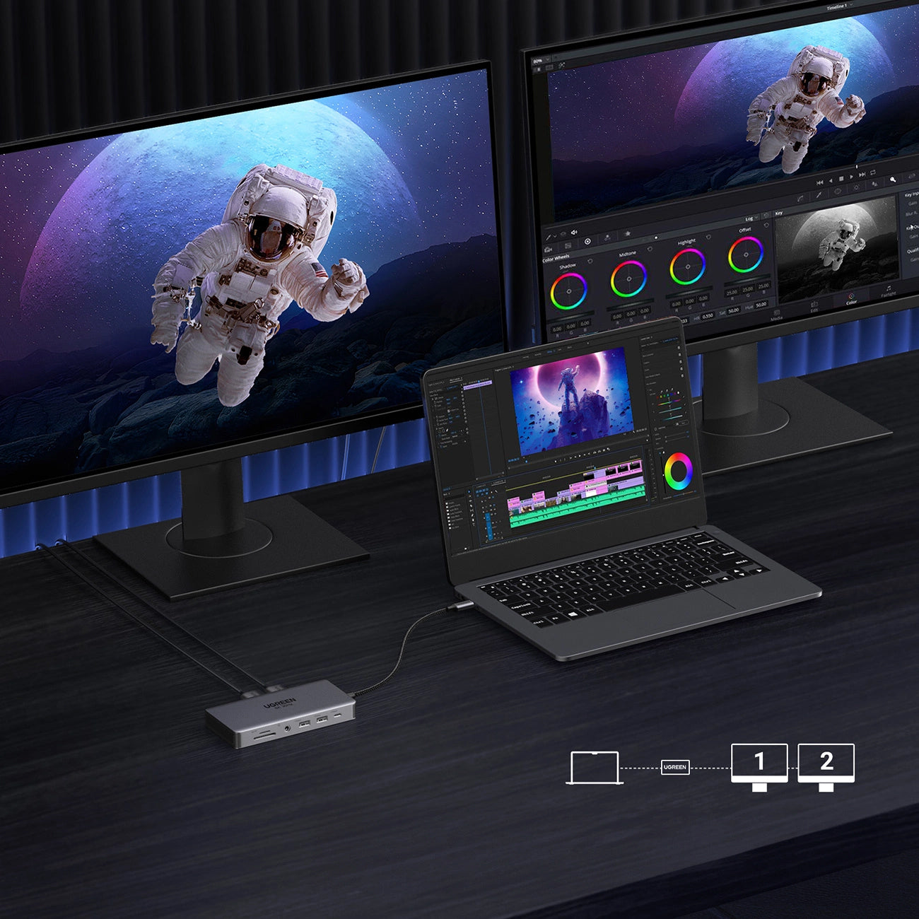 Hub USB-C UGREEN Revodok Pro 313 CM681, 2 x USB-A 3.2 - 1 x USB-A 3.0 - 2 x USB-C - 2 x HDMI - 1 x Jack 3.5mm - 1 x RJ45 - 1 x SD - 1 x microSD, Szary