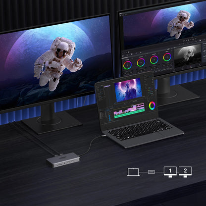 Hub USB-C UGREEN Revodok Pro 313 CM681, 2 x USB-A 3.2 - 1 x USB-A 3.0 - 2 x USB-C - 2 x HDMI - 1 x Jack 3.5mm - 1 x RJ45 - 1 x SD - 1 x microSD, Szary