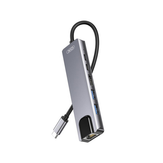 Hub USB-C XO Design HUB013, 1 x USB-A - 1 x USB-A 3.0 - 2 x USB-C - 1 x HDMI - 1 x RJ45, Szary