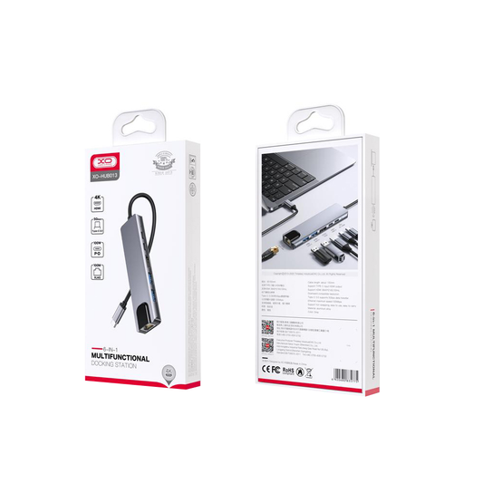 Hub USB-C XO Design HUB013, 1 x USB-A - 1 x USB-A 3.0 - 2 x USB-C - 1 x HDMI - 1 x RJ45, Szary