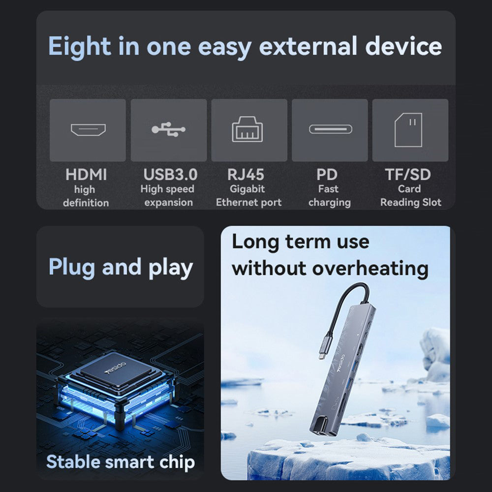 Hub USB-C Yesido HB27, 8w1, Szary