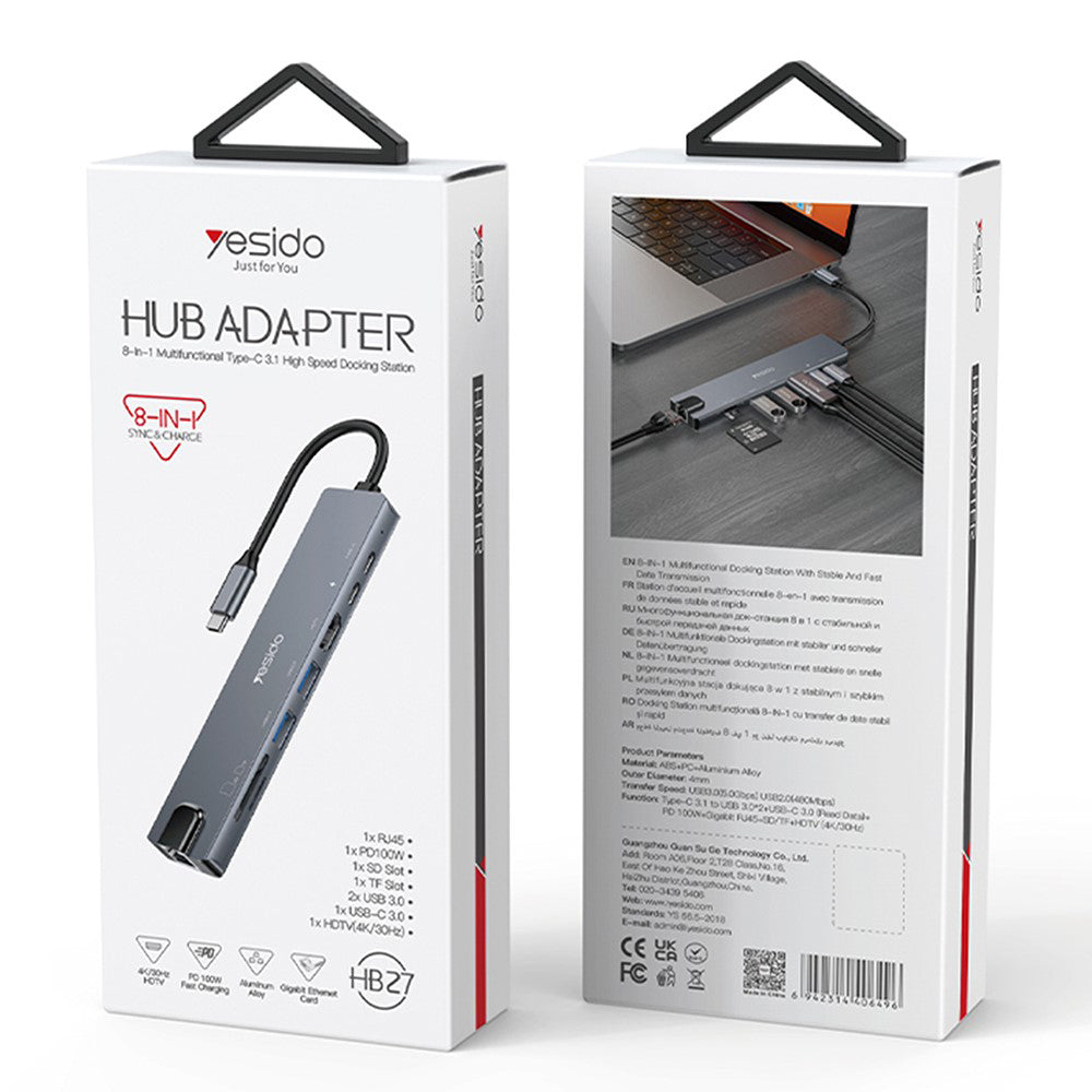 Hub USB-C Yesido HB27, 8w1, Szary