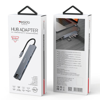 Hub USB-C Yesido HB27, 8w1, Szary
