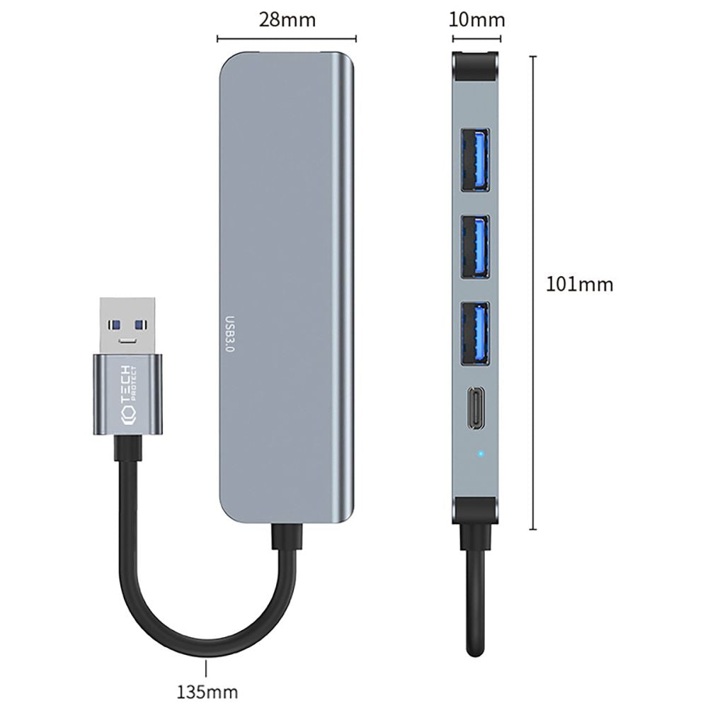 Koncentrator USB Tech-Protect V0, 3 x USB-A 3.0 - 1 x USB-A - 1 x USB-C, szary