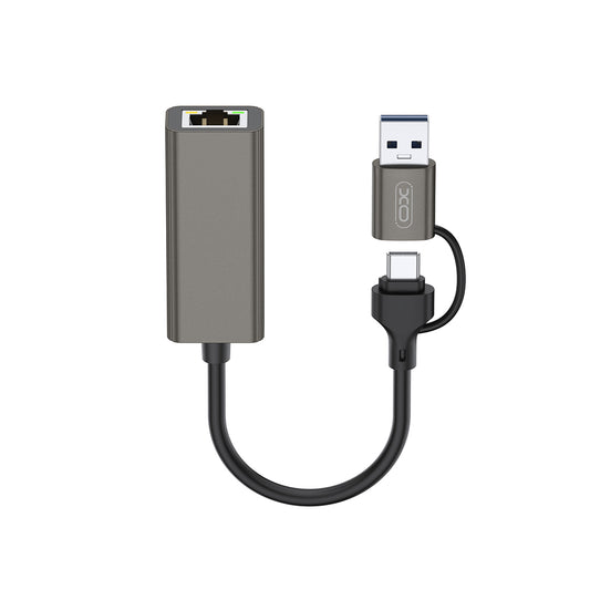 Karta sieciowa XO Design HUB018, RJ45, USB-C / USB, Szara