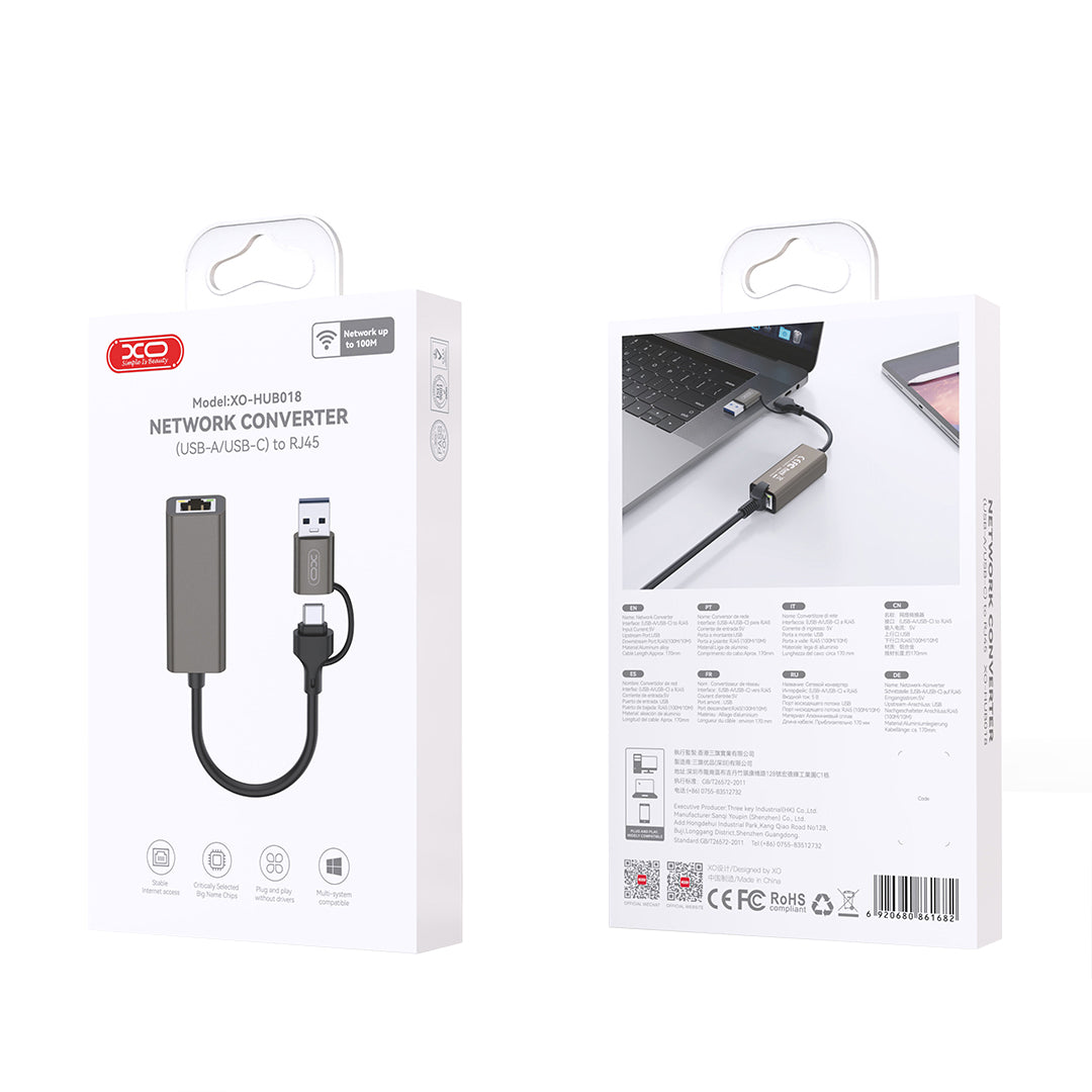 Karta sieciowa XO Design HUB018, RJ45, USB-C / USB, Szara