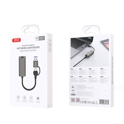 Karta sieciowa XO Design HUB018, RJ45, USB-C / USB, Szara