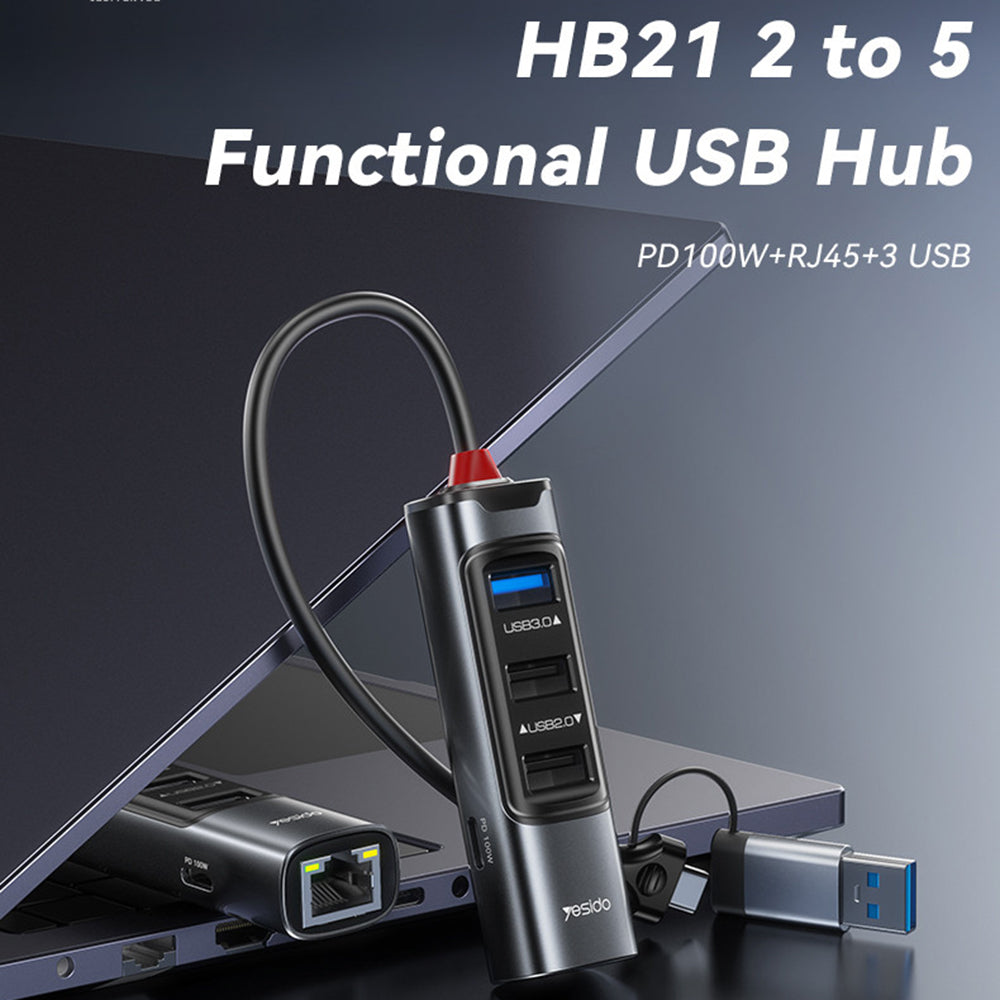 Hub USB / USB-C Yesido HB21, 5w1, Szary