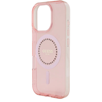 Etui MagSafe dla Apple iPhone 16 Pro Max, Guess, IML Rhinestones Ring, Różowy GUHMP16XPFTDTEP