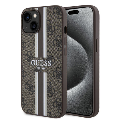 Etui MagSafe dla Apple iPhone 15, Guess, 4G Printed Stripes, Brązowy