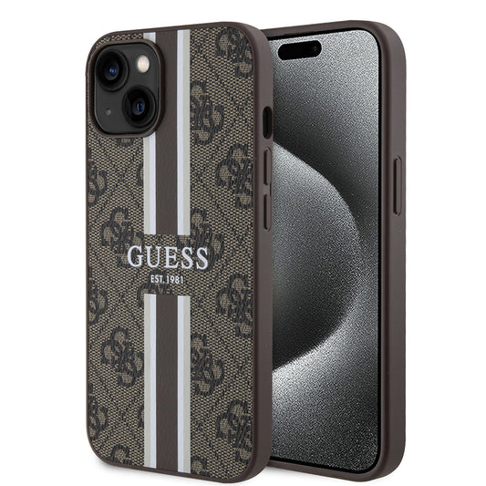 Etui MagSafe dla Apple iPhone 15, Guess, 4G Printed Stripes, Brązowy