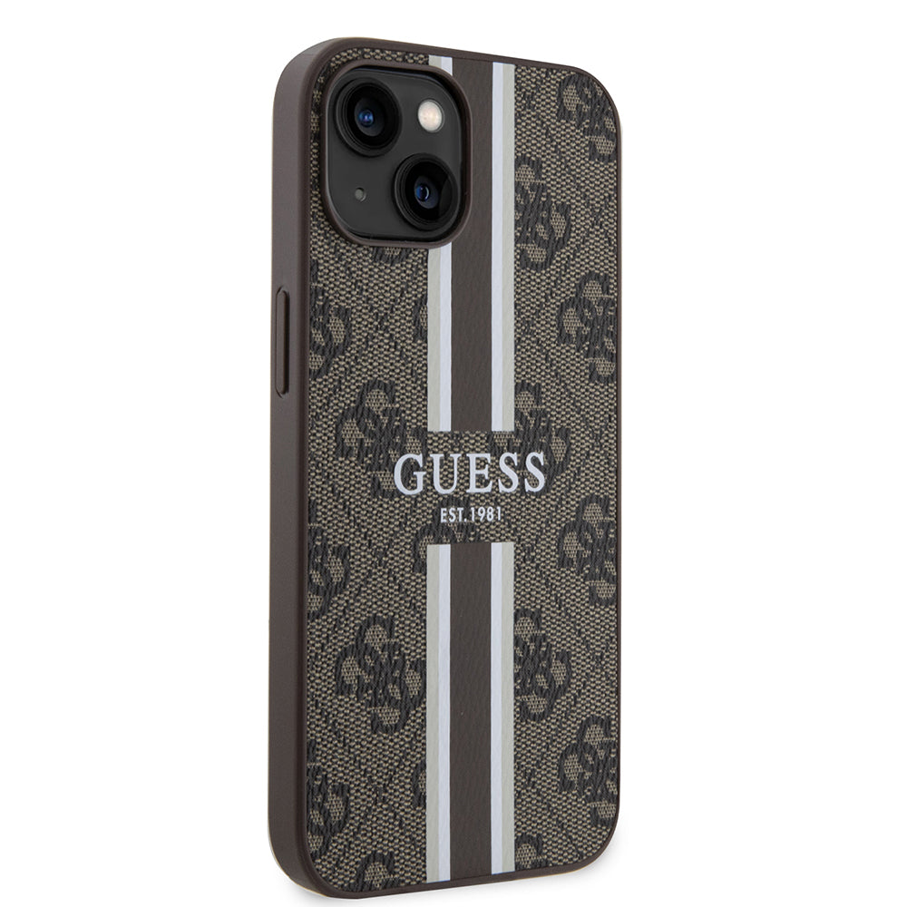 Etui MagSafe dla Apple iPhone 15, Guess, 4G Printed Stripes, Brązowy