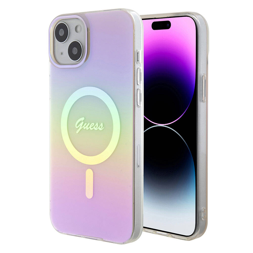 Etui MagSafe dla Apple iPhone 15, Guess, IML Iridescent Script, Różowy GUHMP15SHITSP