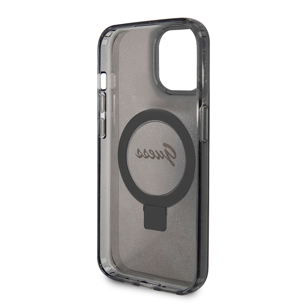 Etui MagSafe dla Apple iPhone 15, Guess, Ring Stand Script Glitter, Czarne