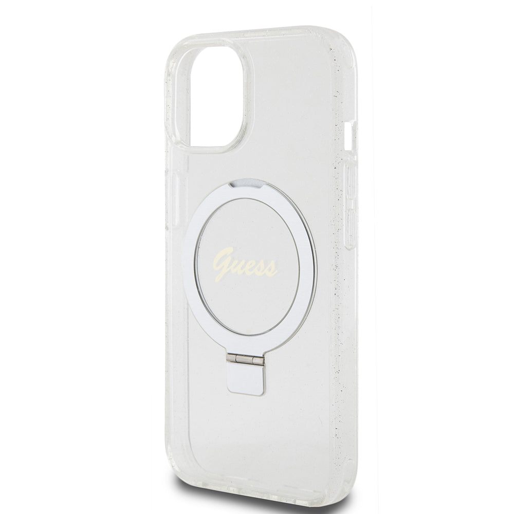 Etui MagSafe dla Apple iPhone 15, Guess, Ring Stand Script Glitter, Przezroczyste
