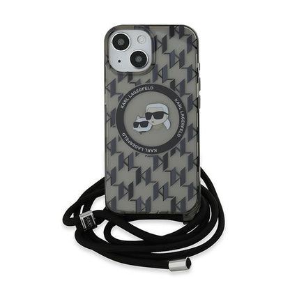 Etui MagSafe dla Apple iPhone 15, Karl Lagerfeld, IML Crossbody Monogram Karl & Choupette's Heads, Czarne