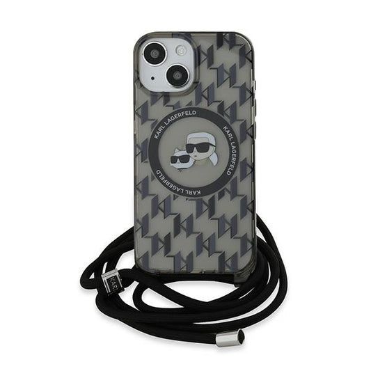 Etui MagSafe dla Apple iPhone 15, Karl Lagerfeld, IML Crossbody Monogram Karl & Choupette's Heads, Czarne