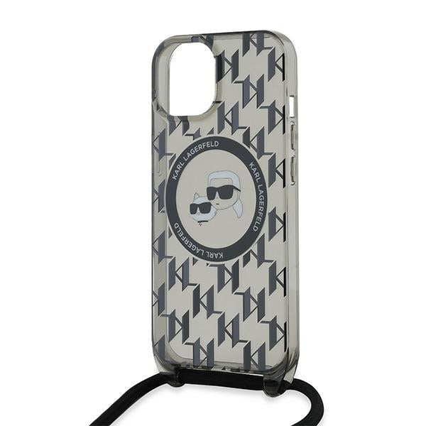 Etui MagSafe dla Apple iPhone 15, Karl Lagerfeld, IML Crossbody Monogram Karl & Choupette's Heads, Czarne