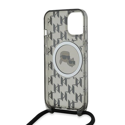 Etui MagSafe dla Apple iPhone 15, Karl Lagerfeld, IML Crossbody Monogram Karl & Choupette's Heads, Czarne