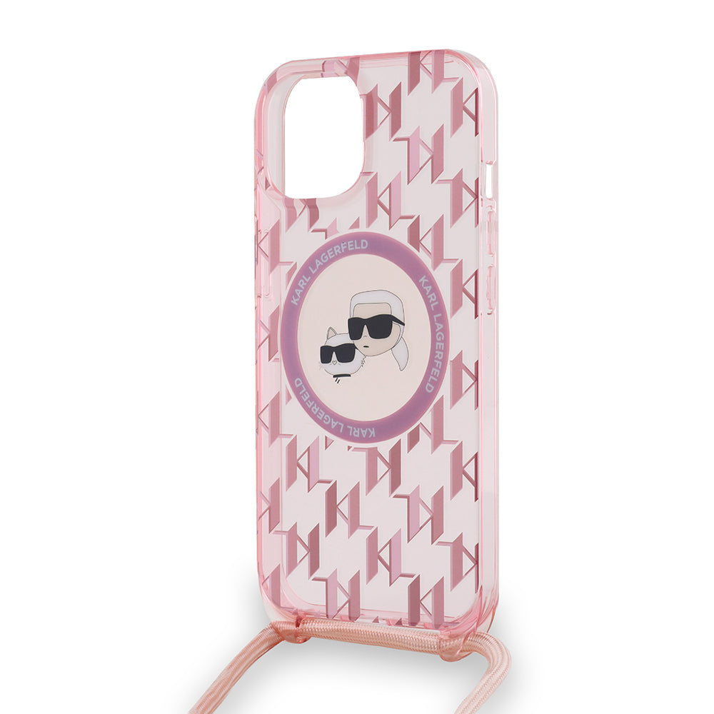 Etui MagSafe dla Apple iPhone 15, Karl Lagerfeld, IML Crossbody Monogram Karl & Choupette's Heads, Różowy
