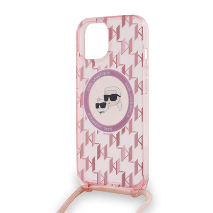 Etui MagSafe dla Apple iPhone 15, Karl Lagerfeld, IML Crossbody Monogram Karl & Choupette's Heads, Różowy