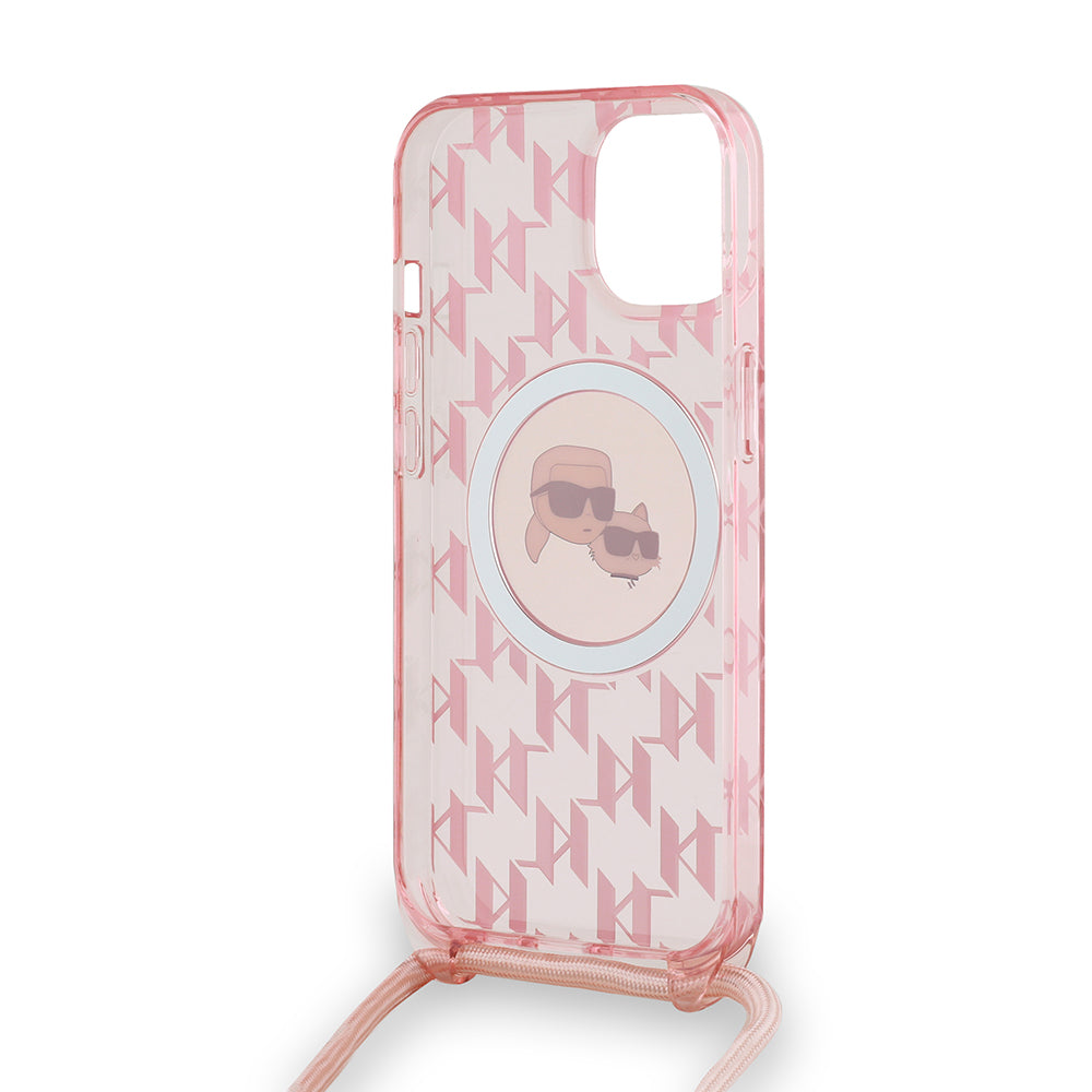 Etui MagSafe dla Apple iPhone 15, Karl Lagerfeld, IML Crossbody Monogram Karl & Choupette's Heads, Różowy