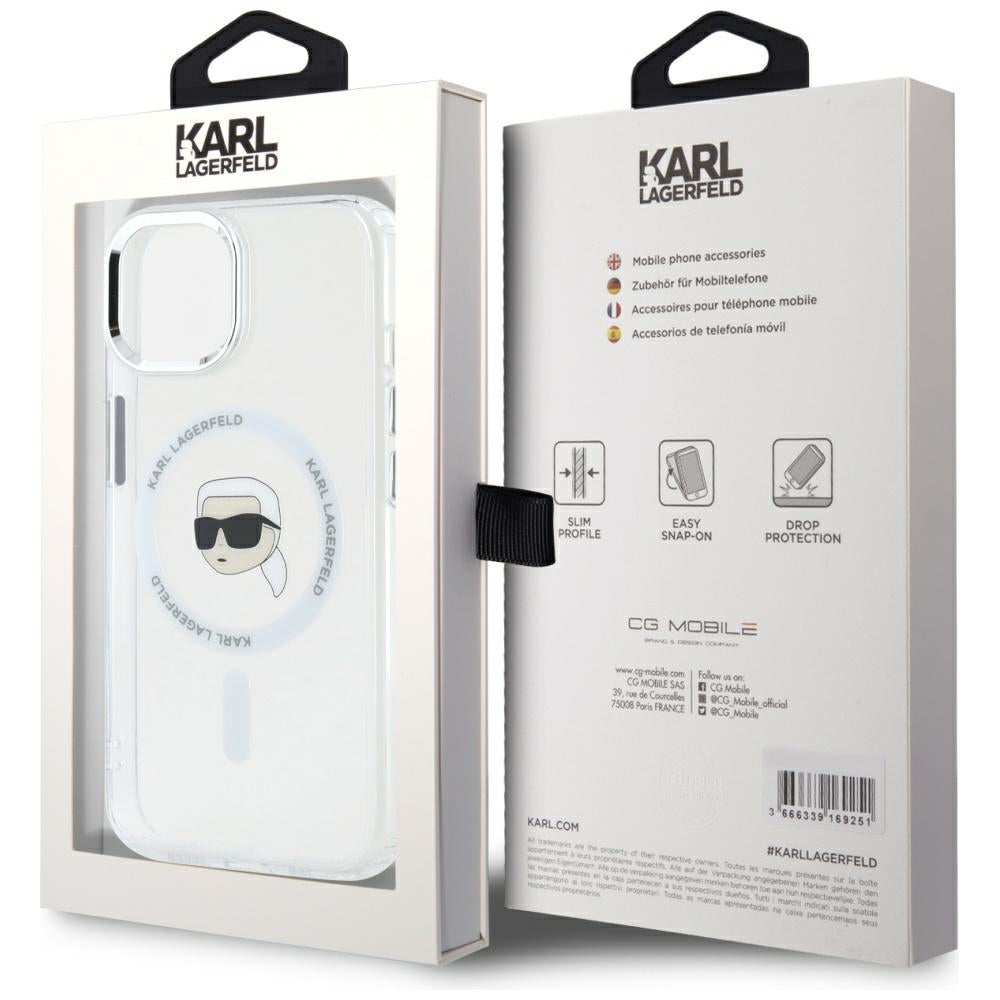 Etui MagSafe dla Apple iPhone 15, Karl Lagerfeld, IML Metal Karl's Head, Białe