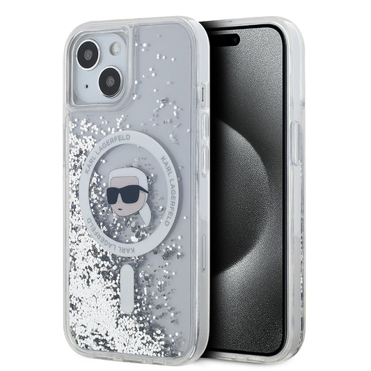 Etui MagSafe dla Apple iPhone 15, Karl Lagerfeld, Liquid Glitter Karl's Head, Przezroczyste