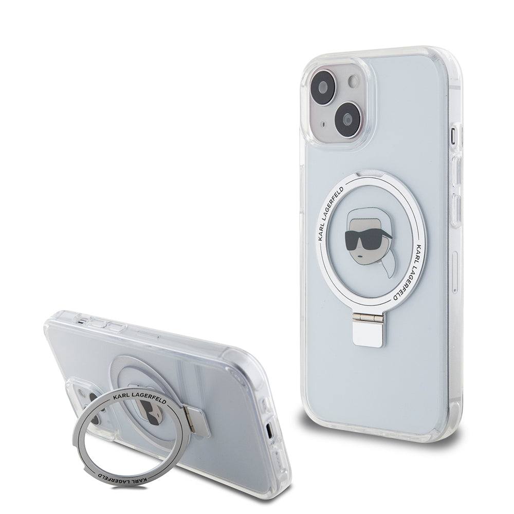 Etui MagSafe dla Apple iPhone 15, Karl Lagerfeld, Ring Stand Karl's Head, Białe