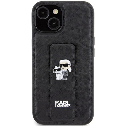 Etui MagSafe dla Apple iPhone 15, Karl Lagerfeld, Saffiano Gripstand Karl & Choupette, Czarne