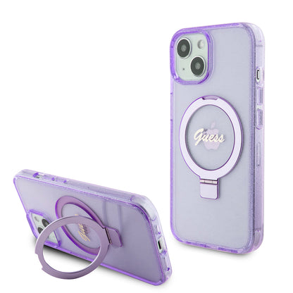 MagSafe Case for Apple iPhone 15 Plus, Guess, Ring Stand Script Glitter, Purple
