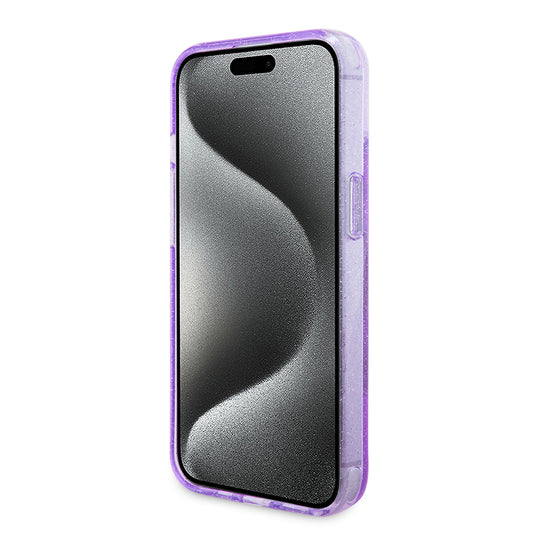 Etui MagSafe dla Apple iPhone 15 Plus, Guess, Ring Stand Script Glitter, Fioletowy